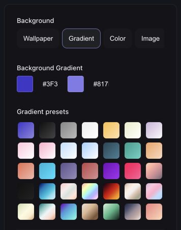The Gradient tab includes editable colors and a collection of presets.