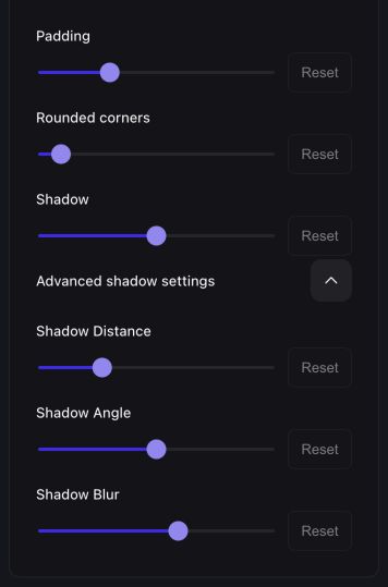 Padding, rounded corners, and advanced shadow controls.